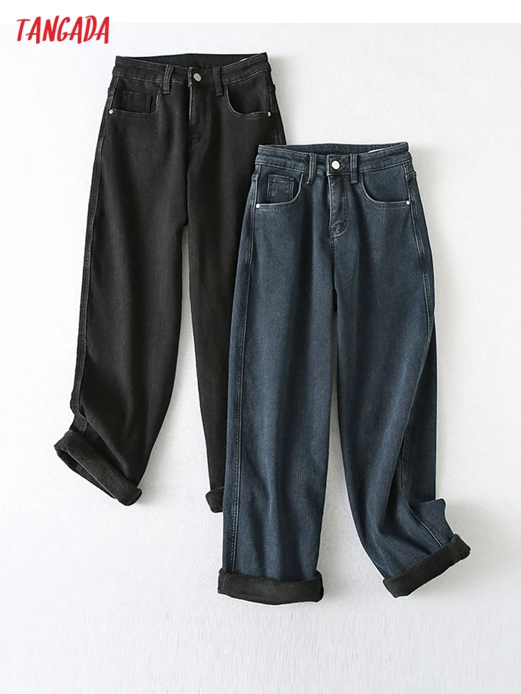 

Tangada Women's Fleece Straight Jeans Women High Waist Winter Pants Casual Fashion Trousers YU203
