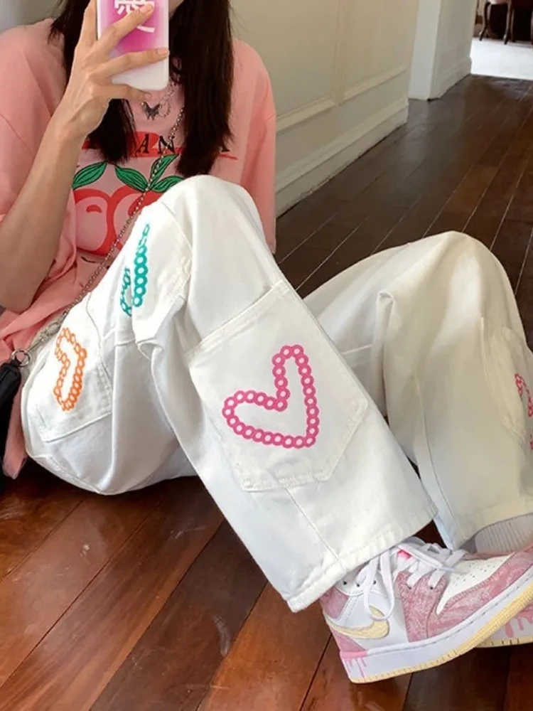 

White jeans summer emo loose high waist show y2k thin high street love straight wide leg long pants Women's pants Woman clothes