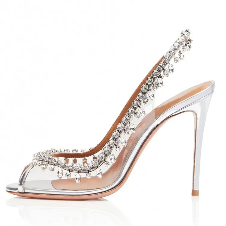 

Temptation embellished metallic patent leather clear PVC peep toe slingback pumps dangling crystals ladies high heels 45 44 43