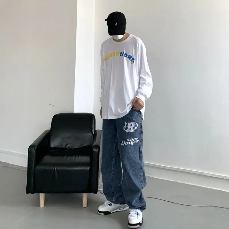 Autumn new streetwear retro hip-hop letter embroidery jeans loose straight-leg pants wide-leg pants for men and women couples