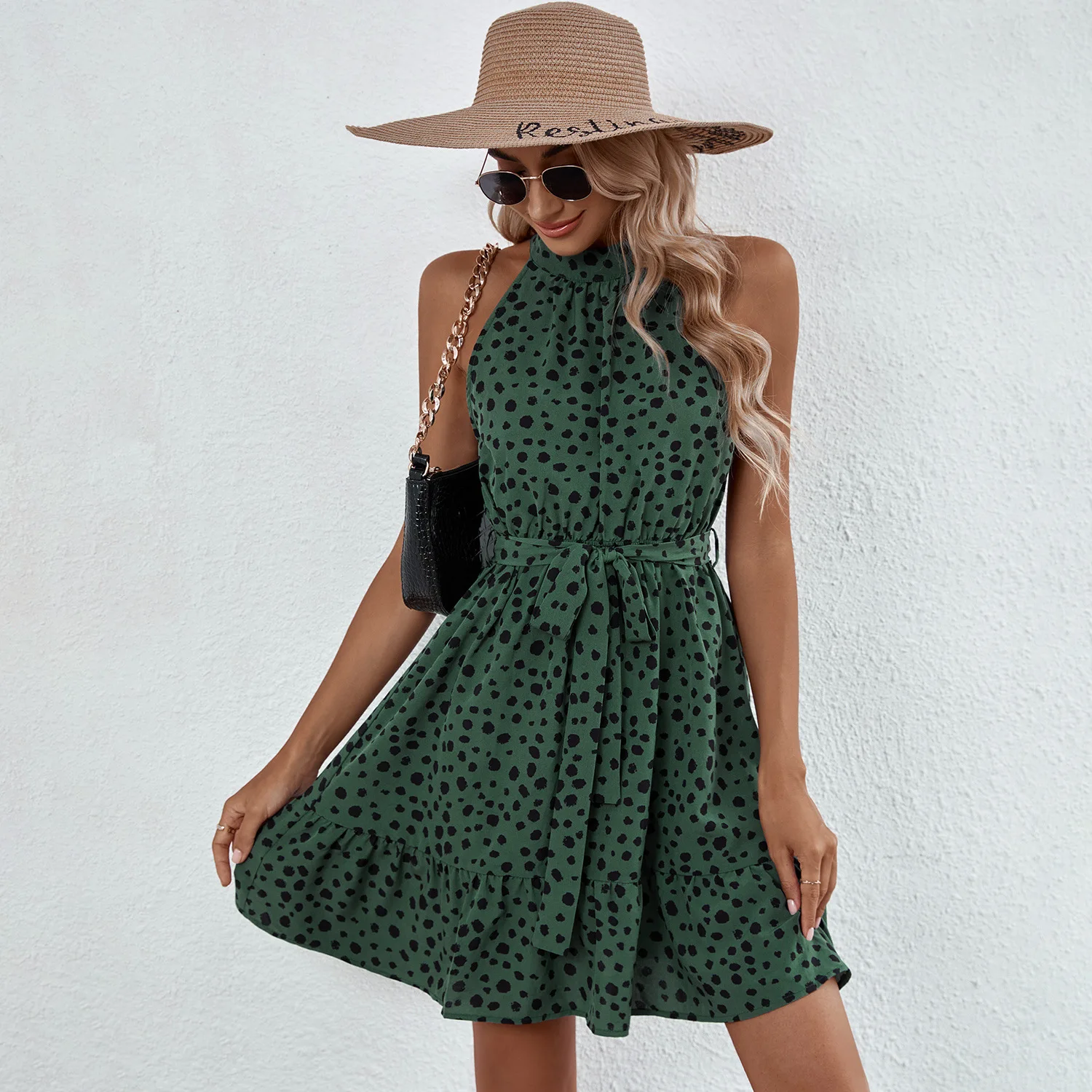 

2022 New Summer Women Fashion Clothing Preppy Style A Line Above Knee Dress High School Girl Green Color Sleeveless Short Skirt