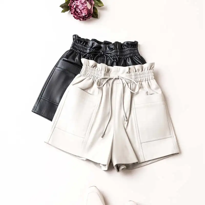 Fashion Sheepskin High Waist Real Leather Shorts For Women Pockets Black Beige White Drawstring Waist Loose Women's Shorts C8101