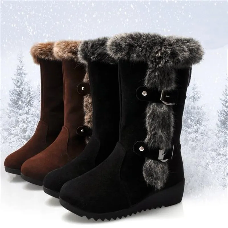 

Fashion New Winter Women Boots Casual Warm Fur Mid-Calf Boots Shoes Women Slip-On Round Toe Wedges Snow Boots Shoes Goth