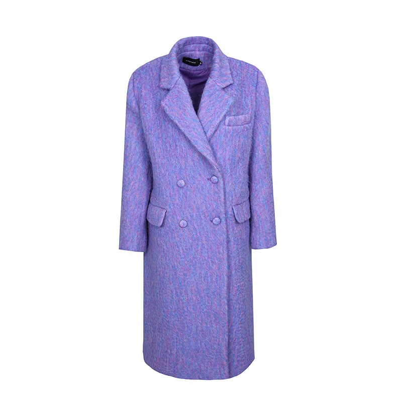 

Женское длинное шерстяное пальто, корейское свободное повседневное двубортное пальто контрастных цветов с длинным рукавом, фиолетовая шерстяная Верхняя одежда на осень и зиму