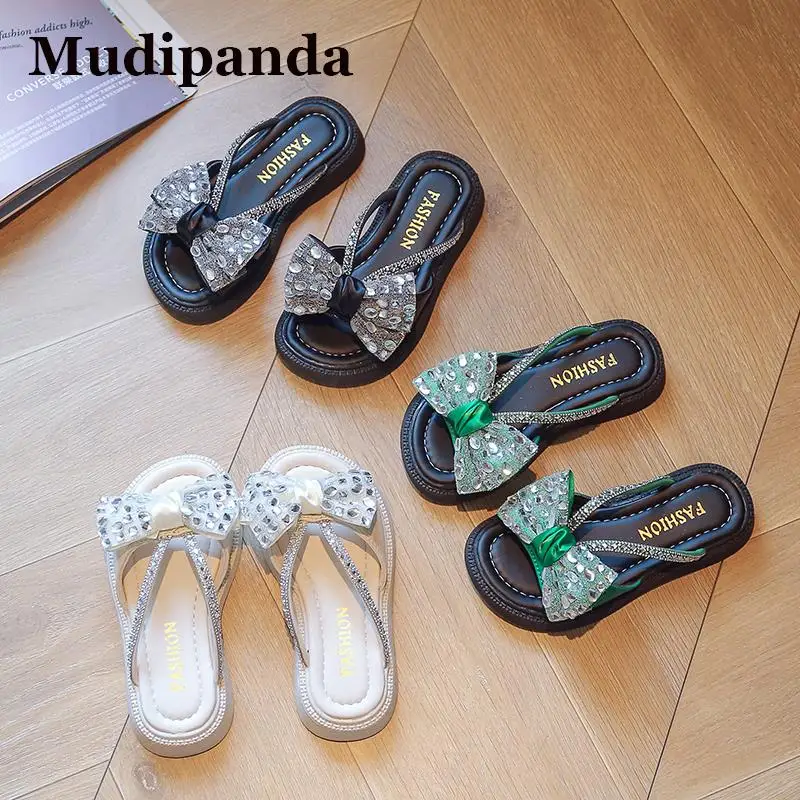 

Тапочки с бантом для девочек, новинка 2023, зеленая обувь, детские сандалии, пляжная обувь для маленьких принцесс, студенток