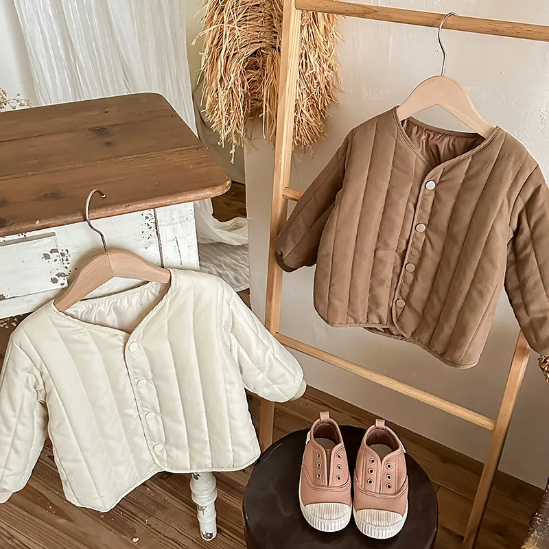 Пуховик теплый однотонный для мальчиков и девочек легкий пуховик с круглым