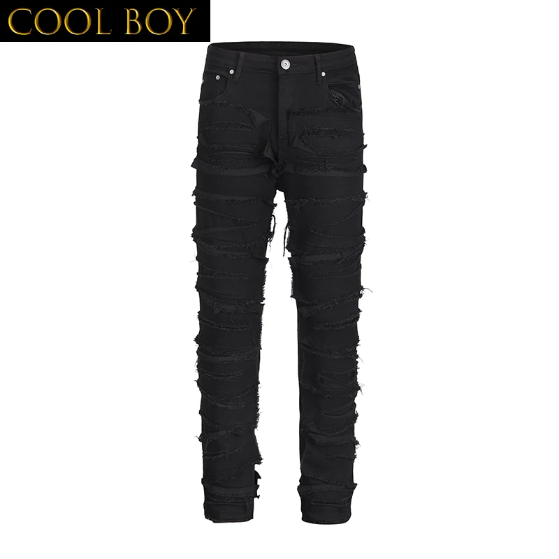 E BOY  Harajuku Frayed Distressed Retro Black Jeans Pants Men and Women Straight Ripped Hole Solid Color Baggy Casual Denim