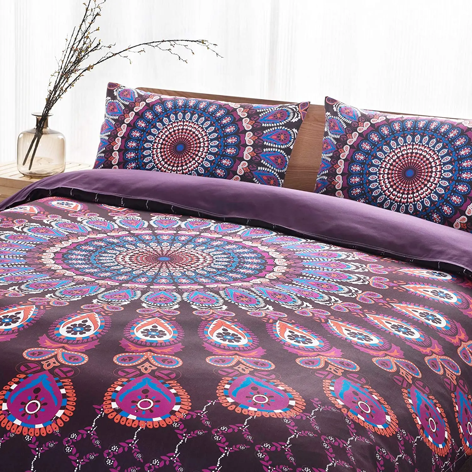 

Mandala Bedding Set Purple Bohemian Three-piece Cover Microfiber Boho Hippie Floral Comforter Set Queen King Size Pillowcases