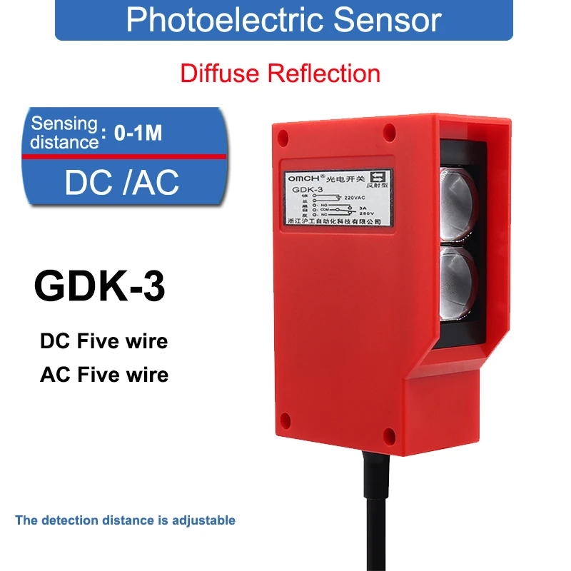 

1M Sensing Distance Adjustable Diffuse Reflection Photoelectric Proximity Switch Sensor GDK-3 DC Light on AC Dark Pass NONC