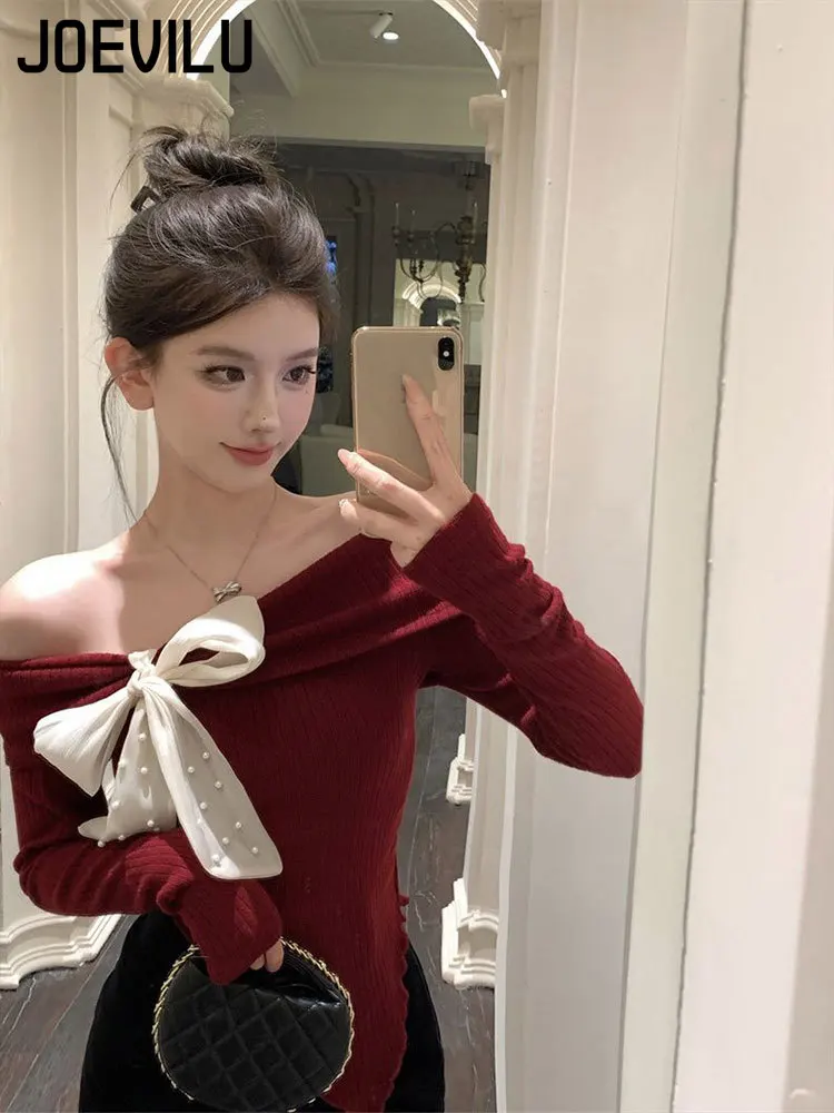 Винтажный укороченный топ с бантом вязаный свитер открытыми плечами и длинными