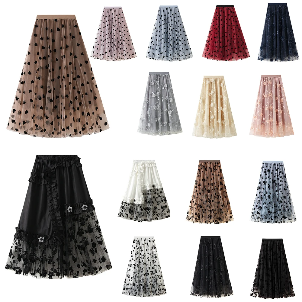 

Vintage Women skirt Love Heart Print skirt Mesh skirt skirt Tulle Skirt a-line high waist long skirt fairy skirt Tutu Skirts