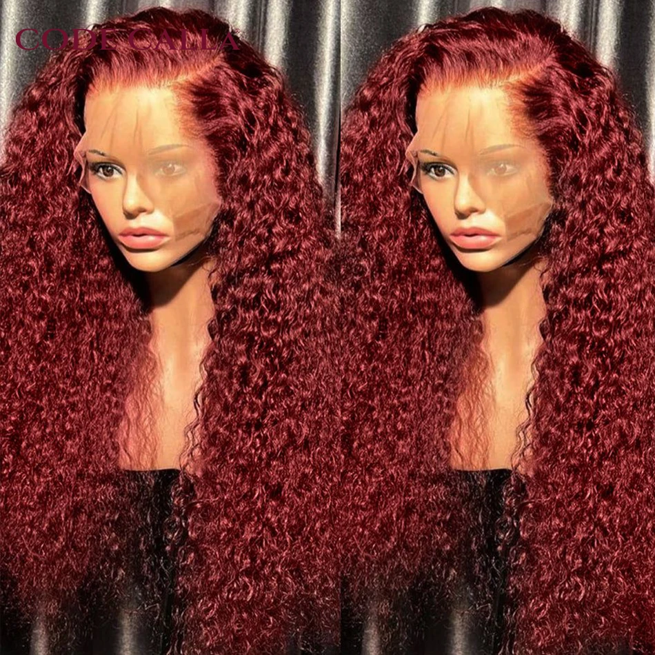 13x4 Deep Curly Lace Frontal Wig Transparent 99J Burgundy Lace Front Wig Red Colored Deep Wave Lace Front Human Hair Wigs