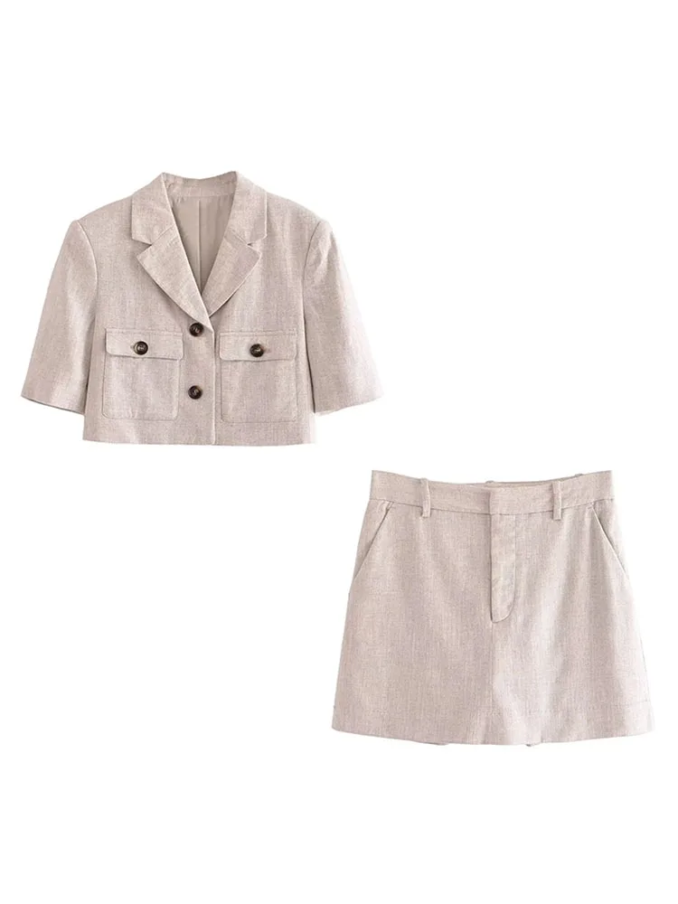 

TRAF 2023 Summer New Women's Two-piece Single Breasted Cropped Blazer Blended Skirt Casual Miniskirt Notch Jacket Streetwear