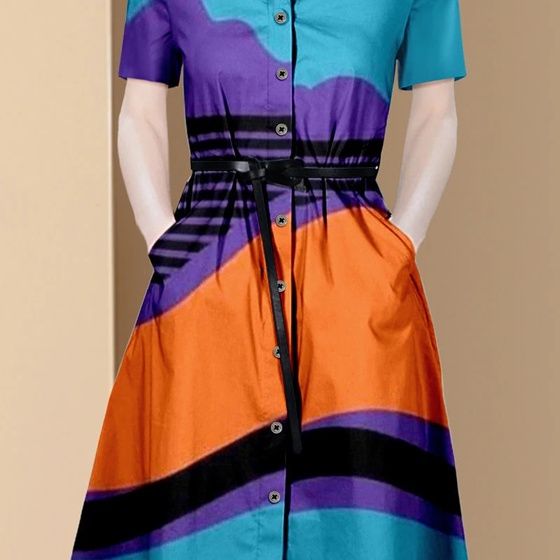 Платье женское средней длины с отворотом элегантное модное контрастное принтом