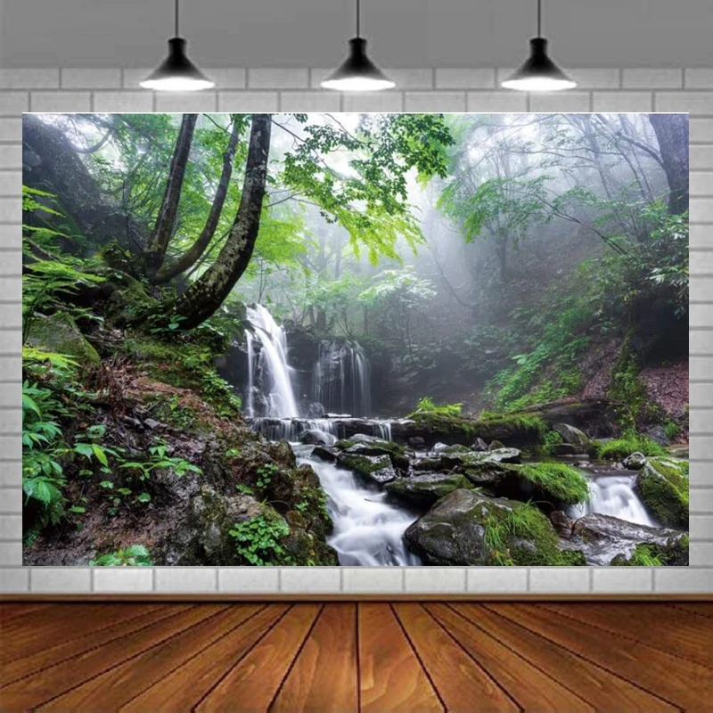

Фон для фотосъемки с изображением водопада из джунглей тропических лесов природный пейзаж фон для туманного старого леса скалы струящийся ...