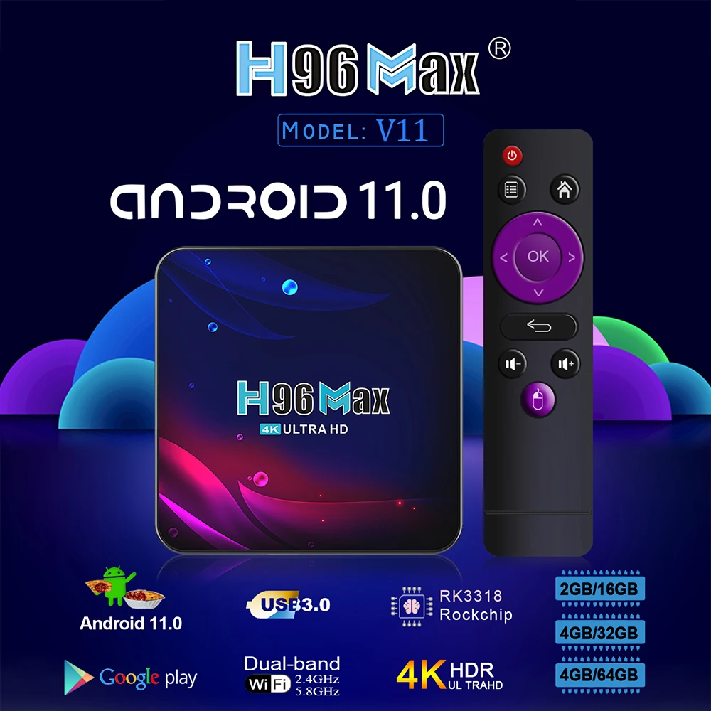 Приставка Смарт-ТВ H96 MAX V11 Android 11 4 + 64 ГБ 2021/2 ГГц Wi-Fi | Электроника