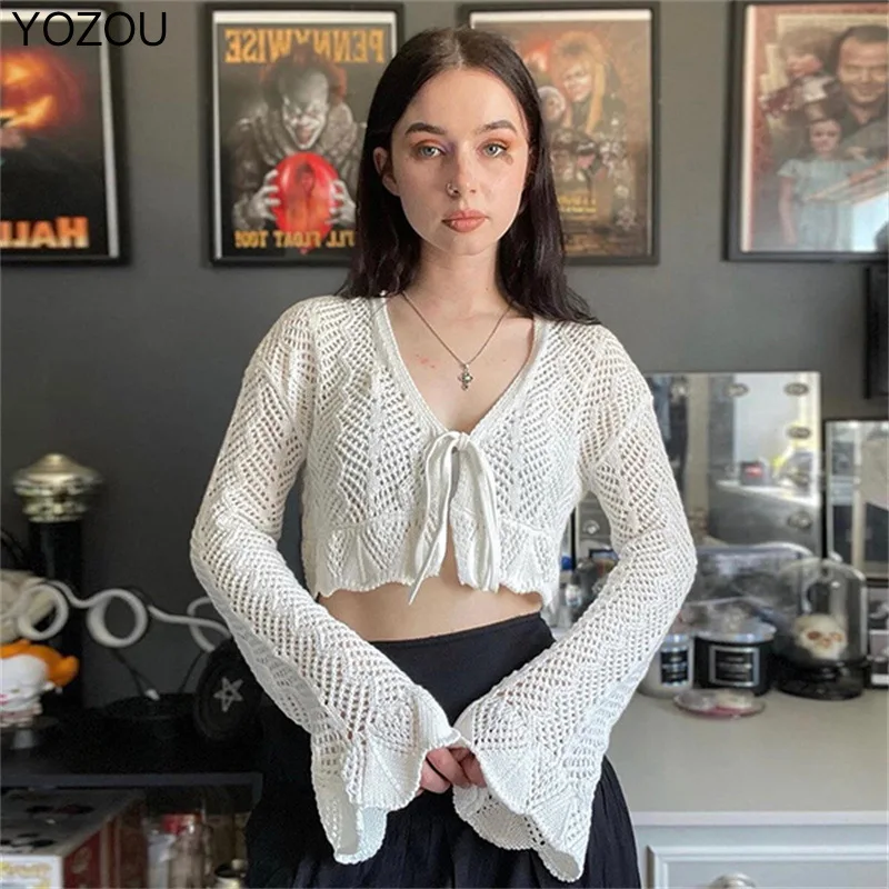 

YOZOU 2022 Fall Spring White Knitted Flare Long Sleeve Tie Up Hollow Out Crop Top Women Female Sweet Girl See Through Cardigan
