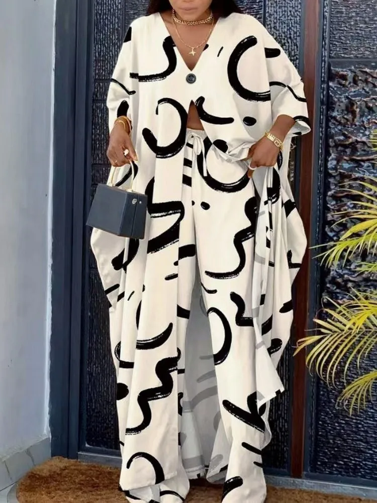 

Женский костюм для встречи выпускников, свободный костюм из двух предметов с принтом, кардиган с рукавом до локтя + широкие брюки с завышенной талией