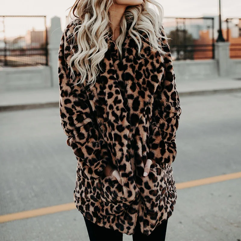 Фото Пальто из искусственного меха, женская новая зимняя модная верхняя одежда с леопардовым принтом, теплая куртка из искусственного меха с длинными рукавами, плюшевая одежда, S-5XL №4