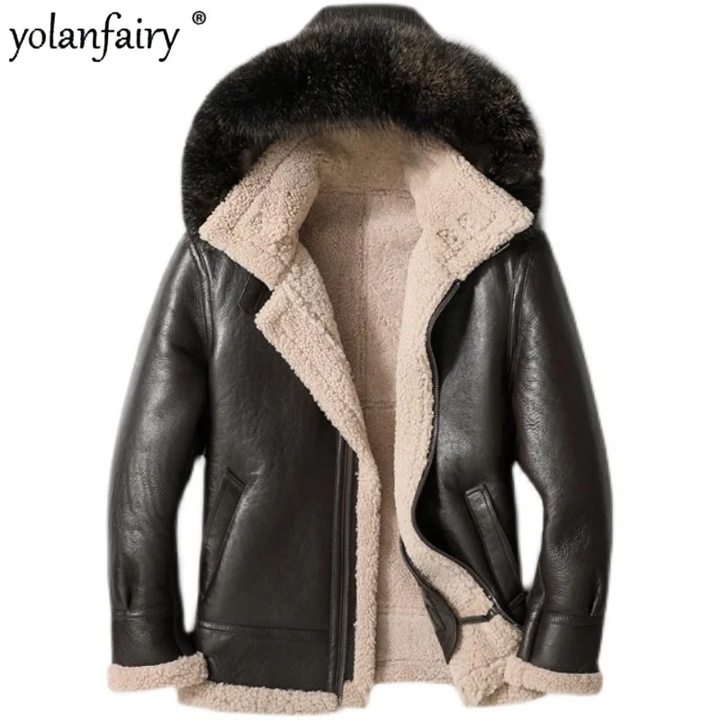 

Men Real Leather Jacket Original Nature Sheepskin Fur Outwear Men's Clothes Thick Winter Hooded Flight Suit Jaqueta