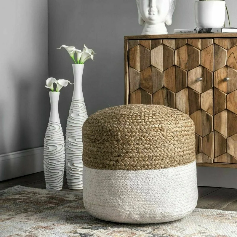 

Ottomans Natural Jute and Cotton Stool Cover Handmade Braided Various Sizes Pouf Home Decor Modern Foot Stool Cover