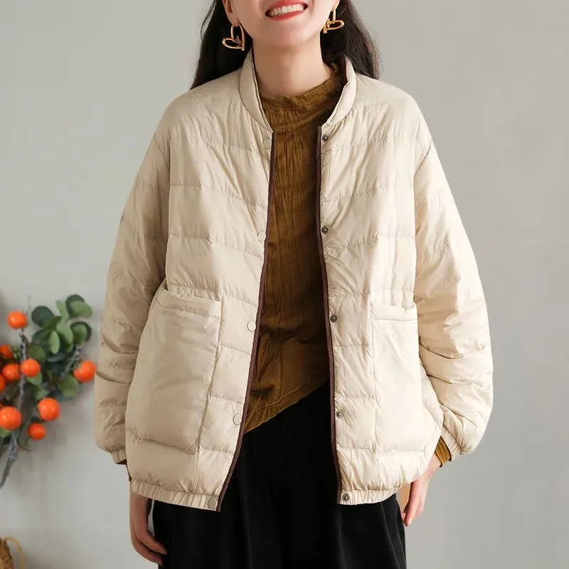 

2023 Autumn Winter Coat Women Clothes Short Down Cotton Jacket Stand Collar Loose Light Thin Parkas Fashion Black Beige Outwear