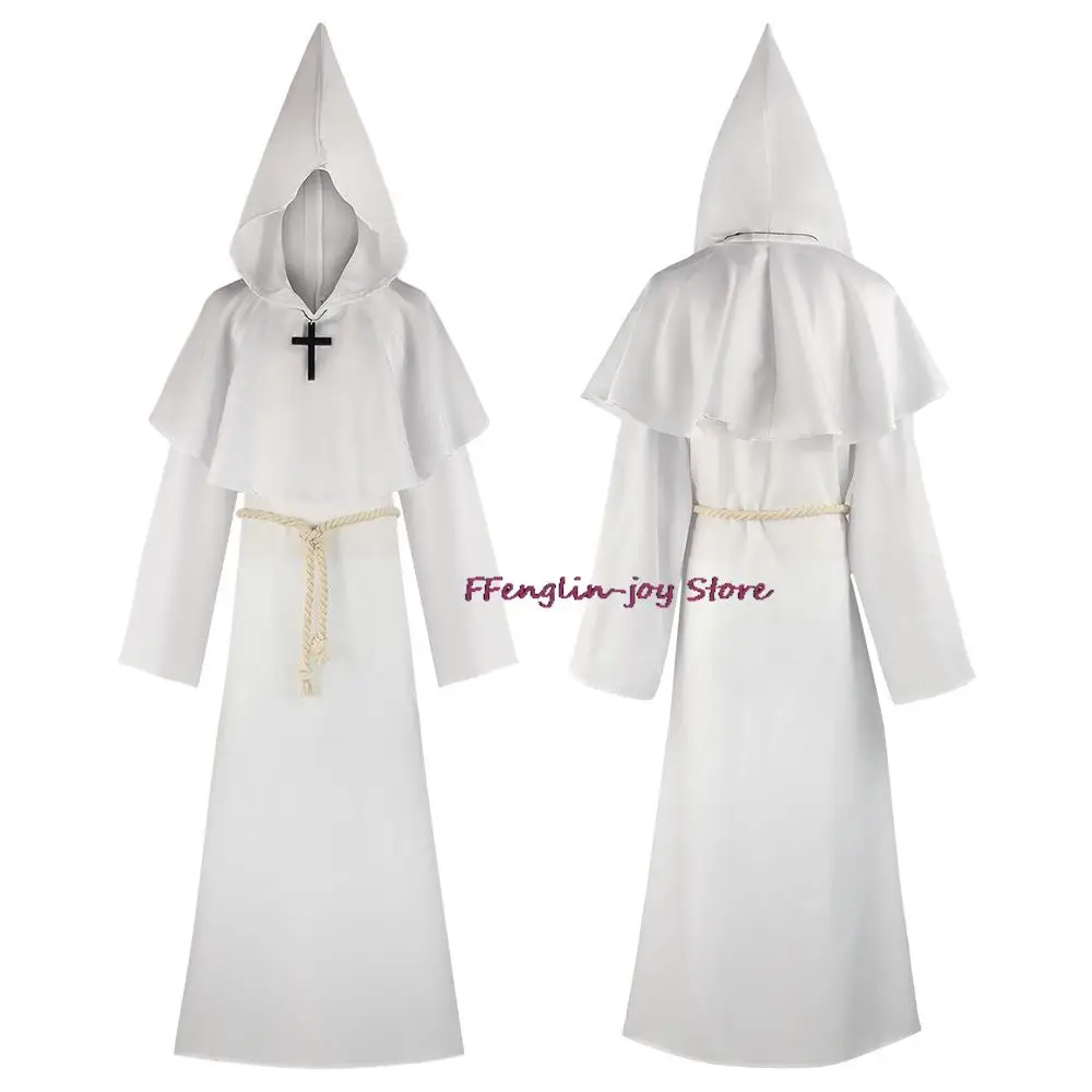 

Medieval Monk Church Clergy Costume Mens Cosplay Witch Priest Hooded Cowl Gown Shawl Cape Christian Cloak Halloween Outfit Adult