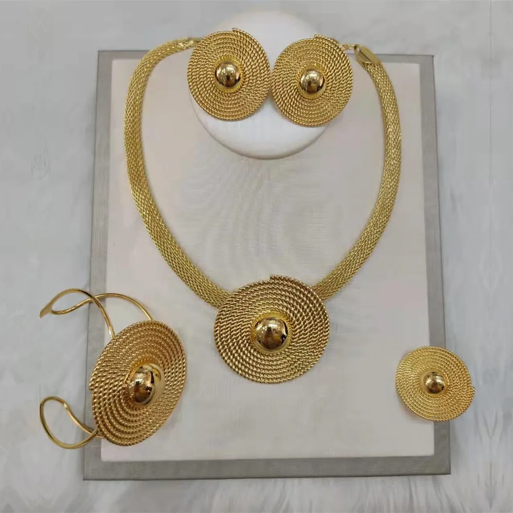 

Dubai Gold Color Jewelry Sets For Women Necklace Earrings Bangle Ring Geometric Pendant Brazilian Set For Bride Wedding Party