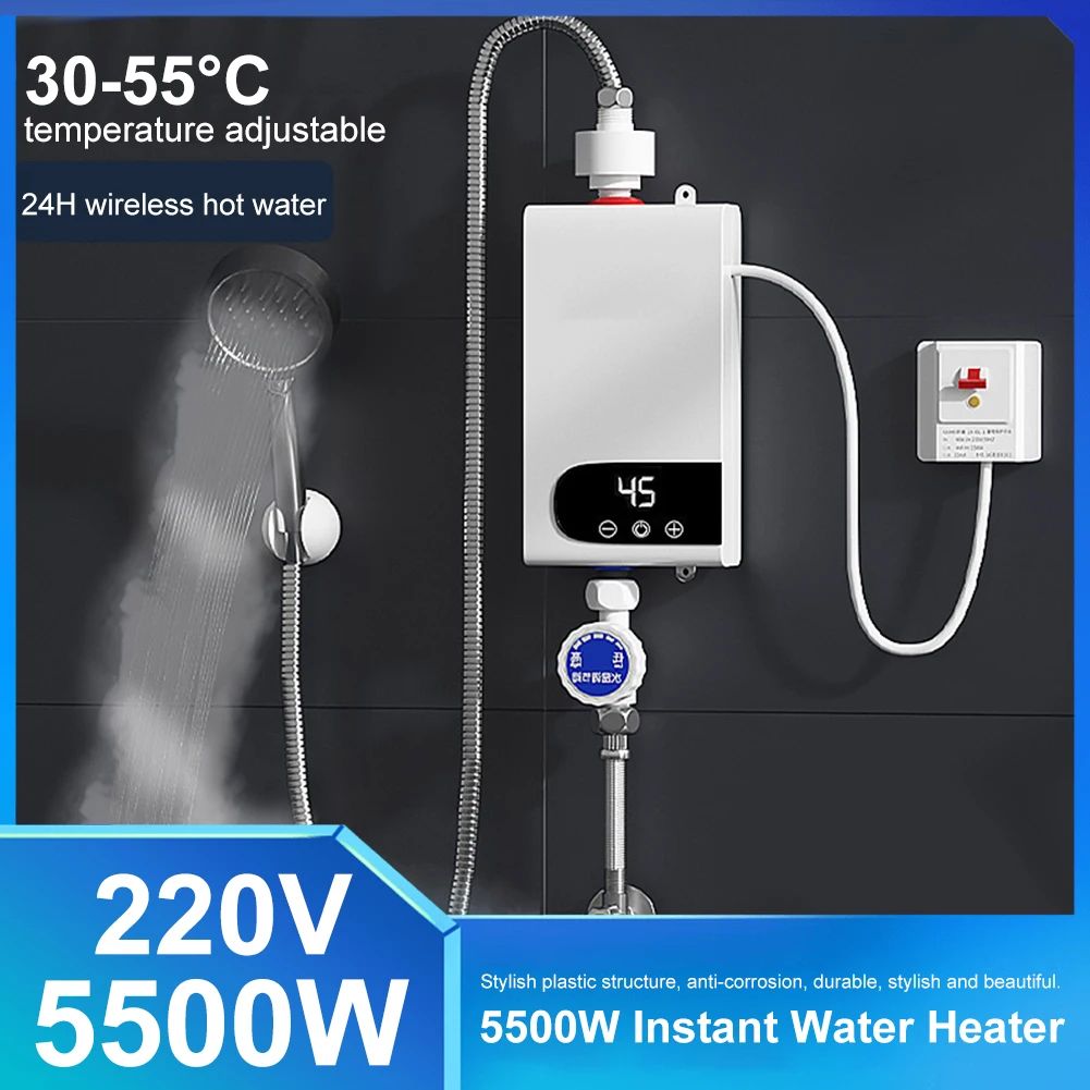 5500W Water Heater 220V Instant Water Heater Tankless Instantaneous Faucet Tap Kitchen Hot Water Crane LED Digital EU Plug