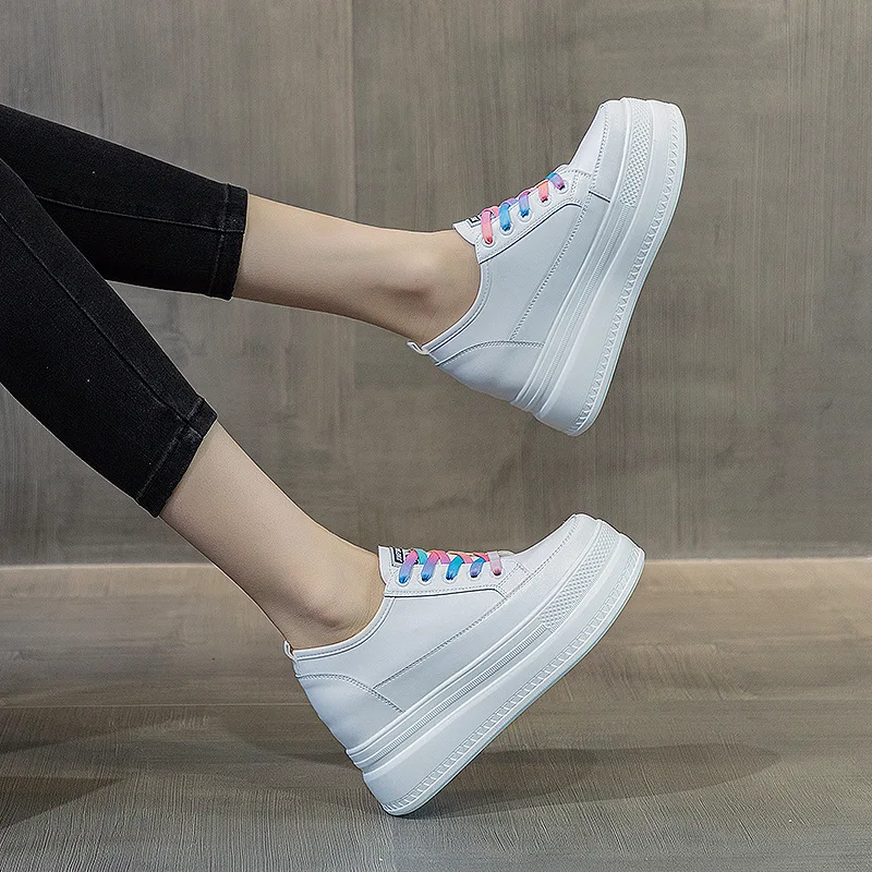 2023 New 8cm Increase  Height Genuine Leather Women Shoes White Fashion Outdoor Platform Wedge Sneakers Women Summer Shoes