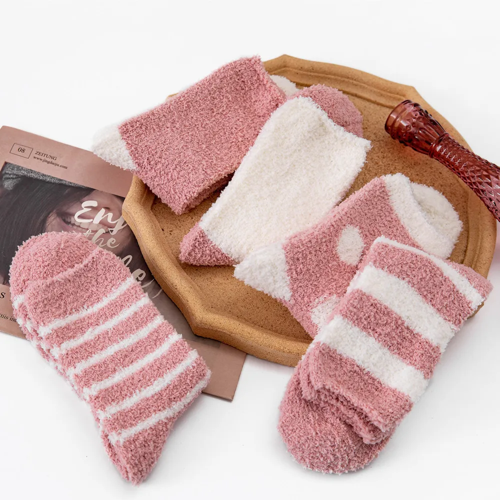 5 Pairs High Quality Coral Fleece Floor Socks Women Pink Series Striped Dots Thickened Warm Sleeping Socks Dropshipping