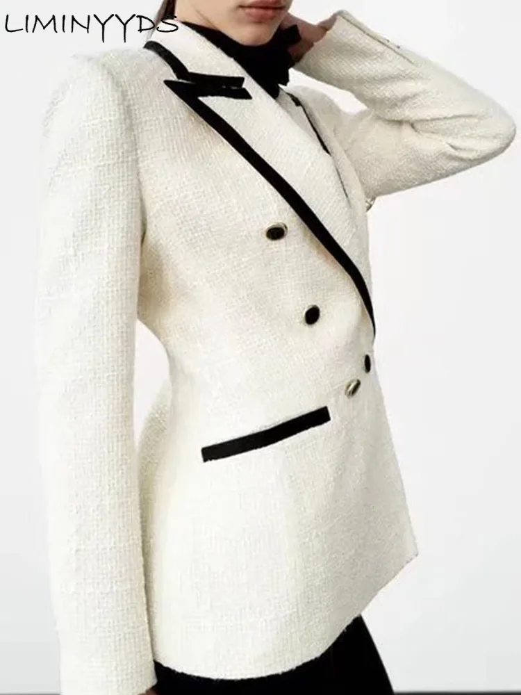 2023  New Women Fashion Double Breasted Tweed Blazer Coat Vintage Long Sleeve Pockets Female Outerwear Chic Jacket