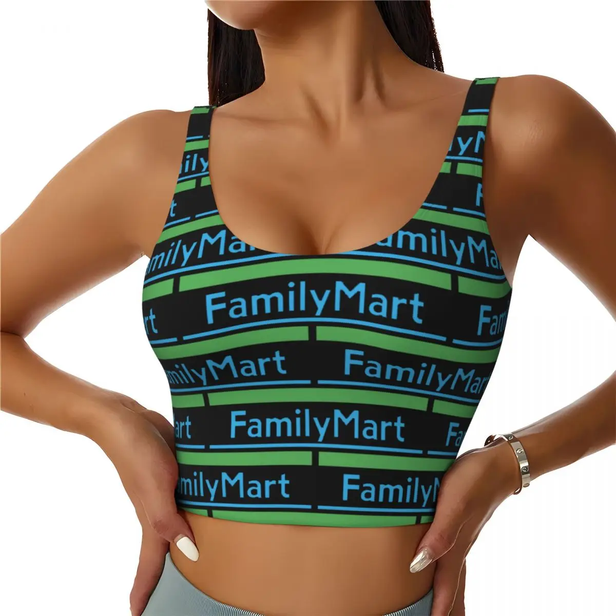 Фото Женский спортивный бюстгальтер с логотипом Family Mart, Япония (Konbini), ударопрочный жилет, укороченные топы на бретелях для занятий йогой в тренажерном зале №1