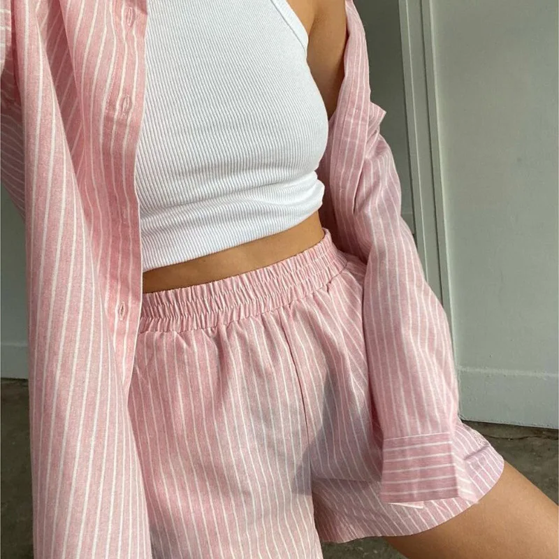 Women's Home Clothes Loung Wear Stripe Long Sleeve Shirt Tops and Loose High Waisted Mini Shorts Two Piece Set Pajamas