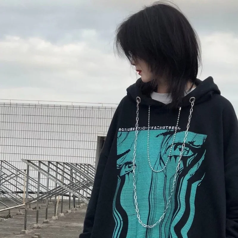 

New Streetwear Women Anime Hoodie Harajuku Gothic Punk Kpop Oversize Pullover Long Sleeve Chain Sweatshirt Korean Fashion