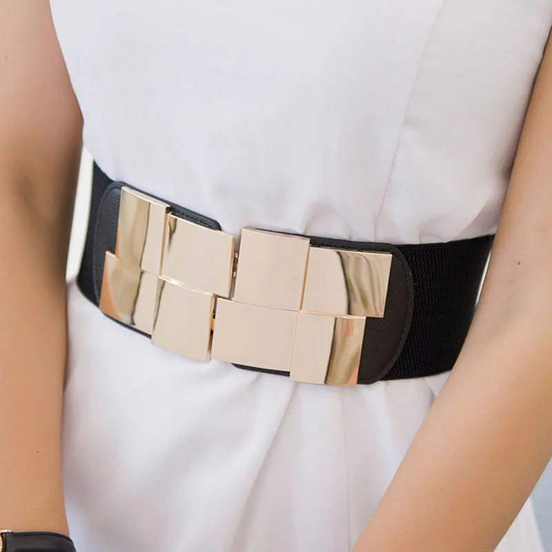

New Women Elastic Waist Closure Wide Belt Gold Square Buckle Dress Decorative Belt Female Self - cultivation Elastic Band Girdle