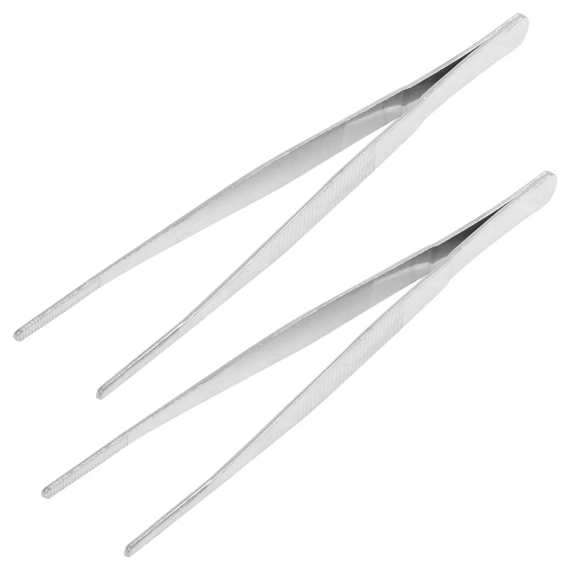 

2X Nonslip Striped Straight Stainless Steel Tweezers Forceps 7 1/2 Inch