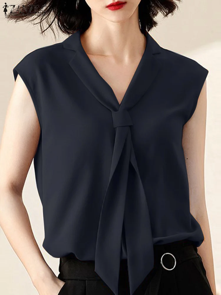 

Женская Повседневная летняя однотонная блузка ZANZEA 2022 с V-образным вырезом, без рукавов, на шнуровке, в богемном стиле, праздничные модные эле...