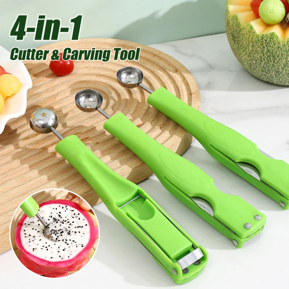 

4 In 1 Melon Cutter Slicer Multifunction Knife Fork Scoop Slicer Stainless Steel Fruit Baller Scooper Fruit Cutting Carving Tool