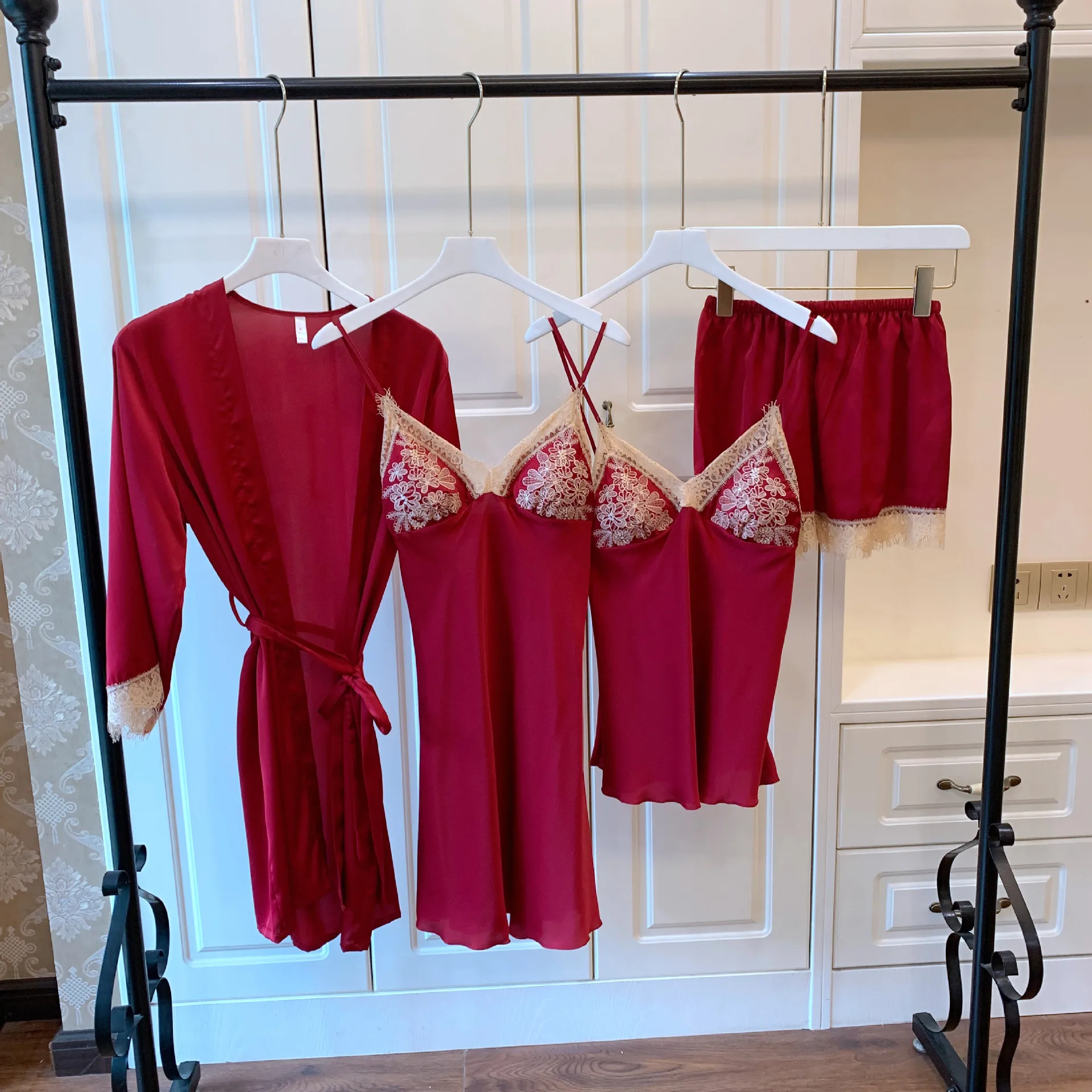 

Flame of dream 2022 Pajamas Women's 4 Set Spring And Summer Ice Silk Suspender Nightdress Nightgown 22473