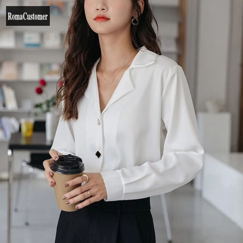

Shirt Womens Autumn New Long Sleeve Turn-Down Collar Single Breasted Korean Version Straight All-Match Female Elegant Blouse