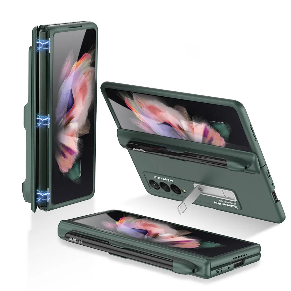 

Магнитный чехол для телефона с откидной подставкой и слотом для ручки для Samsung Galaxy Z Fold3, складной чехол для телефона с 3 магнитными откидными петлями, противоударный жесткий чехол