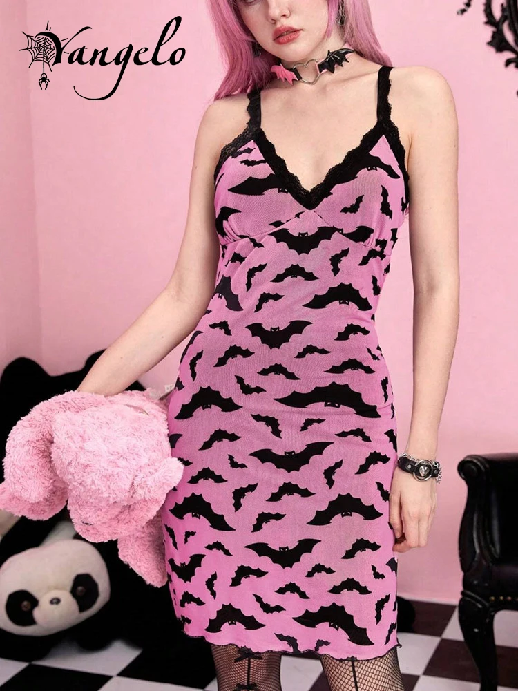 

Женское платье на бретельках Yangelo, розовое, черное платье с принтом летучая мышь, женское готическое элегантное кружевное платье с глубоким V-образным вырезом, 2023