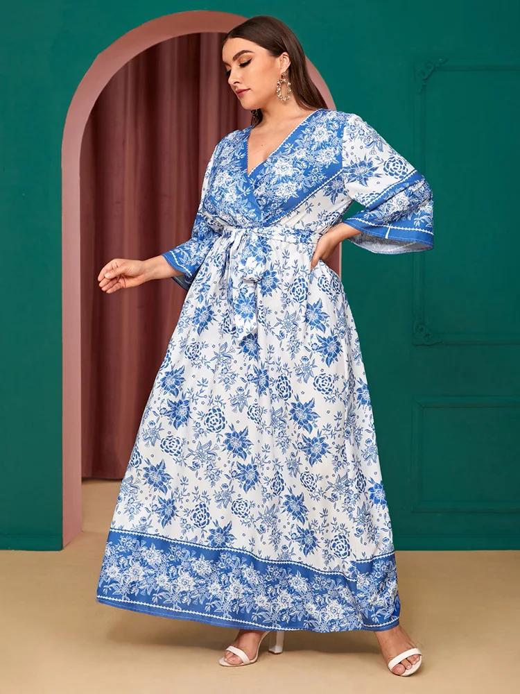 Платье-рубашка с этническим принтом Рамадан ИД абайя кимоно V-образным вырезом