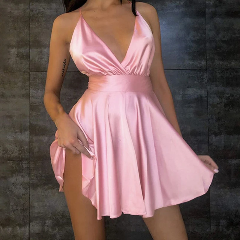 

2023 Satin Sexy Backless Sleeveless Party Mini Dresses Women Elegant V-Neck Bodycon Dress Spaghetti Straps Solid Slim Vestidos