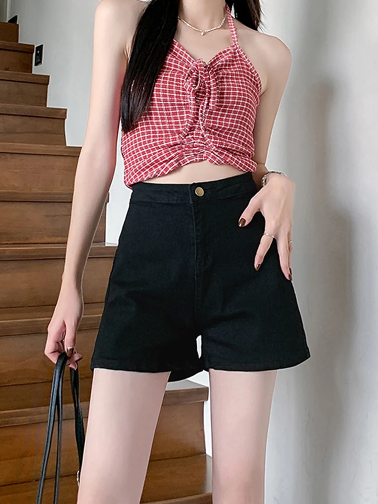New Summer Women High Waist Loose Fit Black Denim Shorts Streetwear Female Button Solid Color Jeans Shorts Bottoms