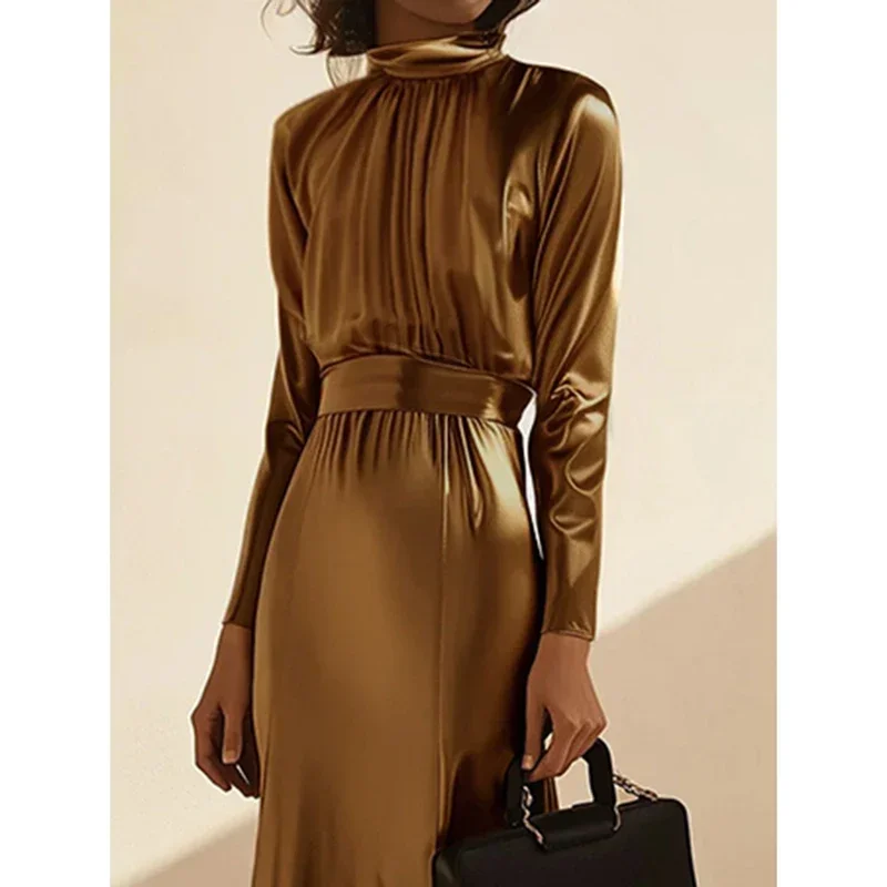 Beautyblue Элегантные золотые вечерние платья Макси-платье с высоким воротом Модные