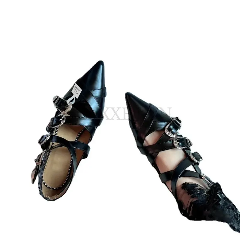 Pointed Toe Women Pumps New Arrivals Belt Buckle Thick Low Heels Black Beige Office Paty Pumps Dress Shoes Woman Cross Tied