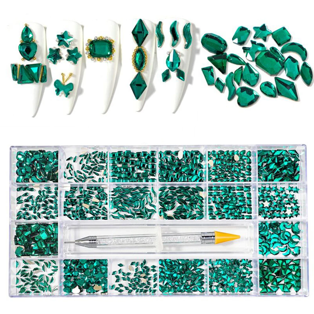 1Box(480Pcs-2000Pcs)Luxuriou Crystal Nail art Rhinestones Noble Green Multi Shape Nail art Jewelry Sparkle Fancy Nail Decoration