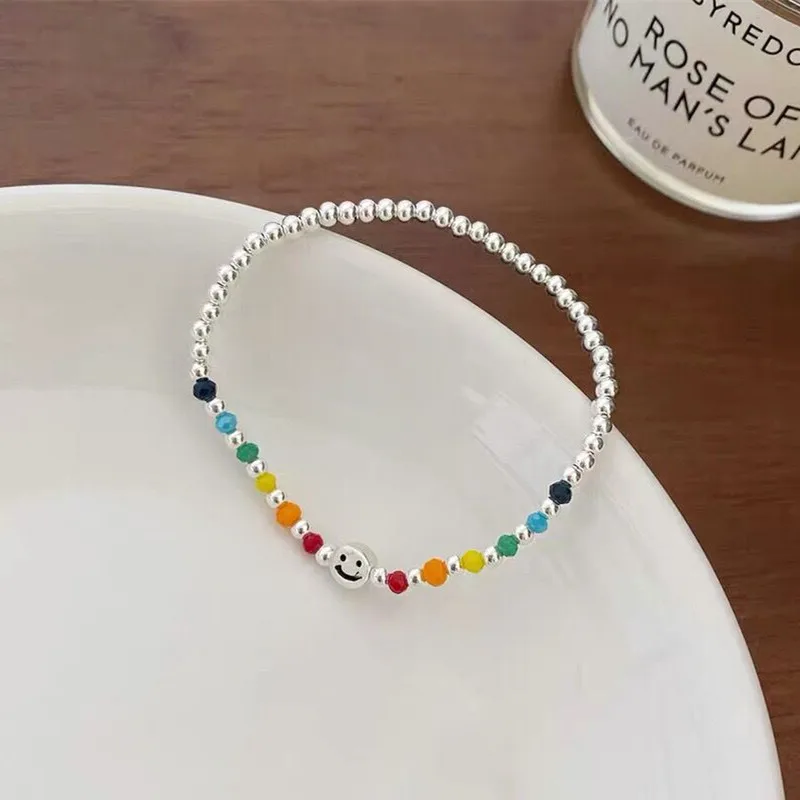 Fufengming Small Color String Rainbow Beaded Bracelet Girl S925 Sterling Silver Summer Versatile Wear Smiley Face Ha...